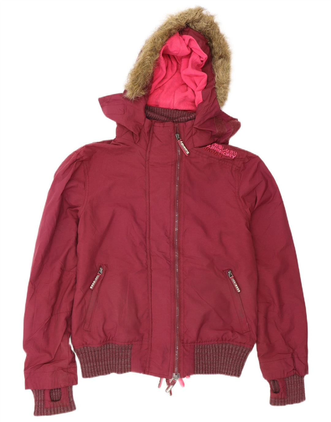 Superdry Bomberjakke med hætte til kvinder UK 14 Medium Burgundy Polyester