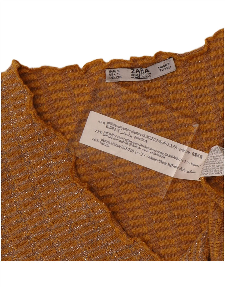 ZARA Womens Crop V-Neck Jumper Sweater UK 10 Small Brown Flecked Polyester