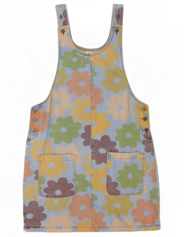 Lucy & Yak Dame Denim Dungaree Dress UK 14 Large Blue Floral Cotton
