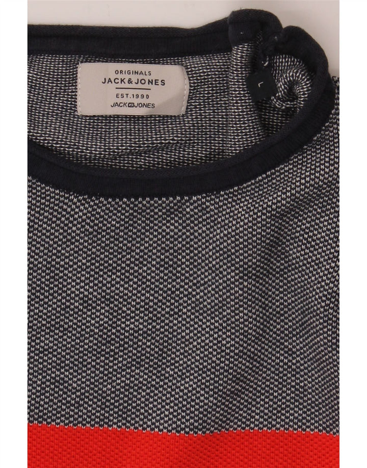 JACK & JONES Mens Crew Neck Jumper Sweater Large Navy Blue Colourblock Vintage Jack & Jones and Second-Hand Jack & Jones from Messina Hembry 