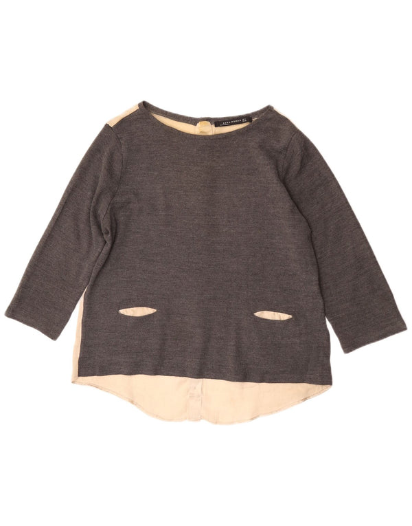 Zara Dame 3/4 ærmet bluse Top UK 16 Large Grey Colourblock