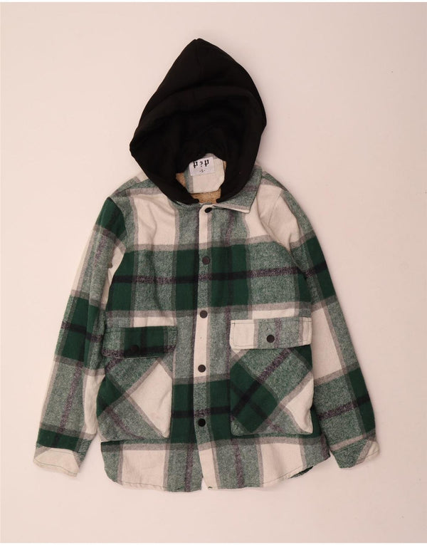 Vintage Mens Hooded Sherpa Utility Jacket UK 36 Small Green Check Polyester