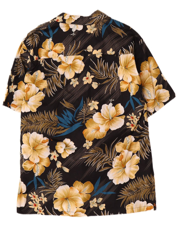 Vintage Kortærmet Herreskjorte Stor Sort Blomsterbomuld Hawaiiansk