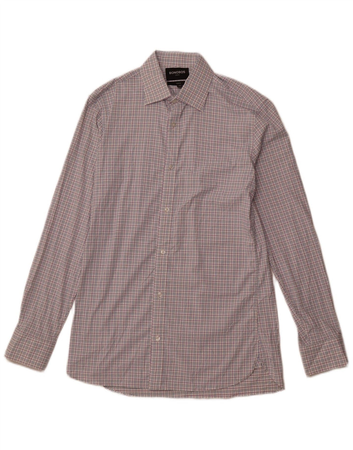 BONOBOS Herre Slim Fit skjorte størrelse 15 1/2 Medium Pink ternet nylon