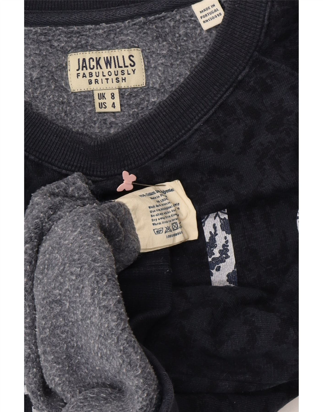 JACK WILLS Dame Grafisk Sweatshirt Jumper UK 8 Small Navy Blue Floral
