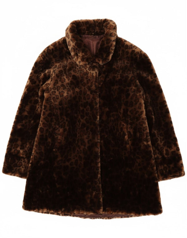 Vintage Kvinders Oversized Faux Fur Overcoat UK 10 Small Brown Animal Print