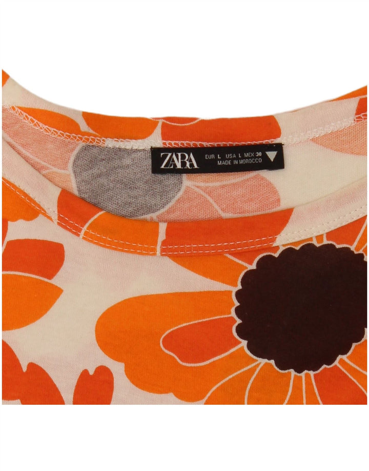 ZARA Dame T-Shirt Top UK 16 Large Orange Floral