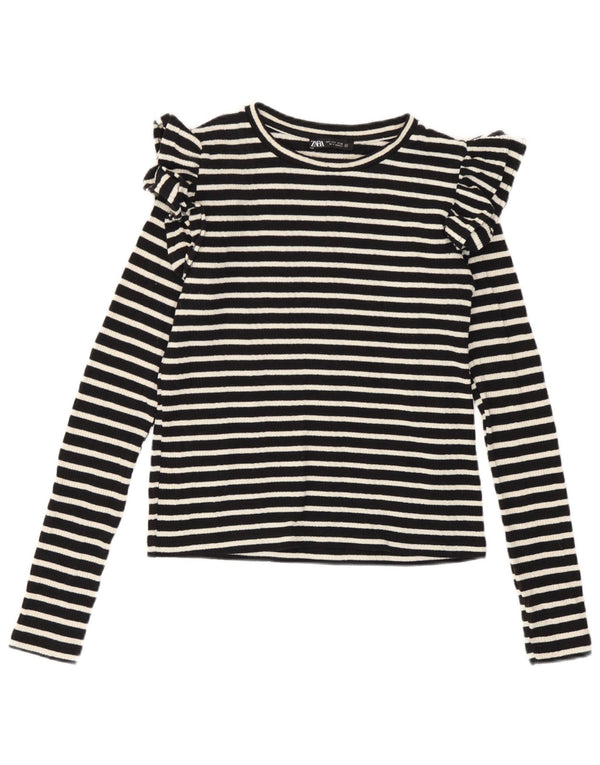Zara Dame Crop Top Langærmet UK 10 Lille sort stribet bomuld