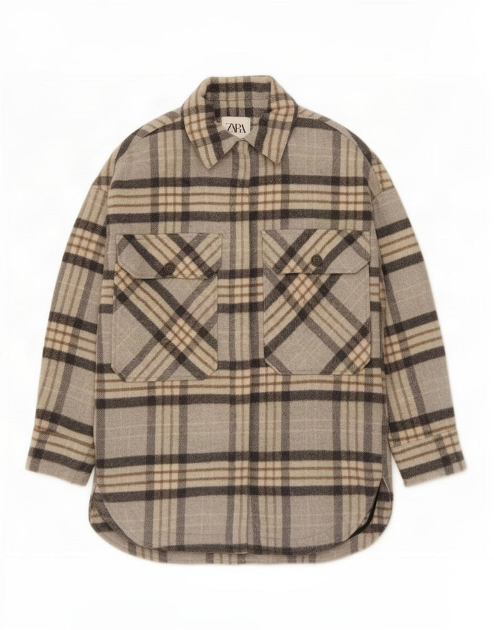 Zara Dame Overshirt Flanell Shirt UK 10 Small Grey Check