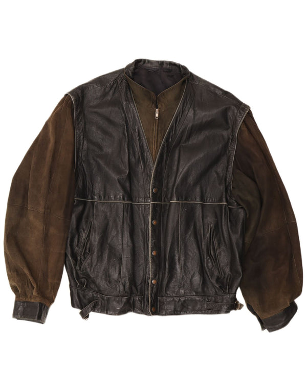 Vintage Herre Læderjakke IT 56 3XL Sort Colourblock Læder