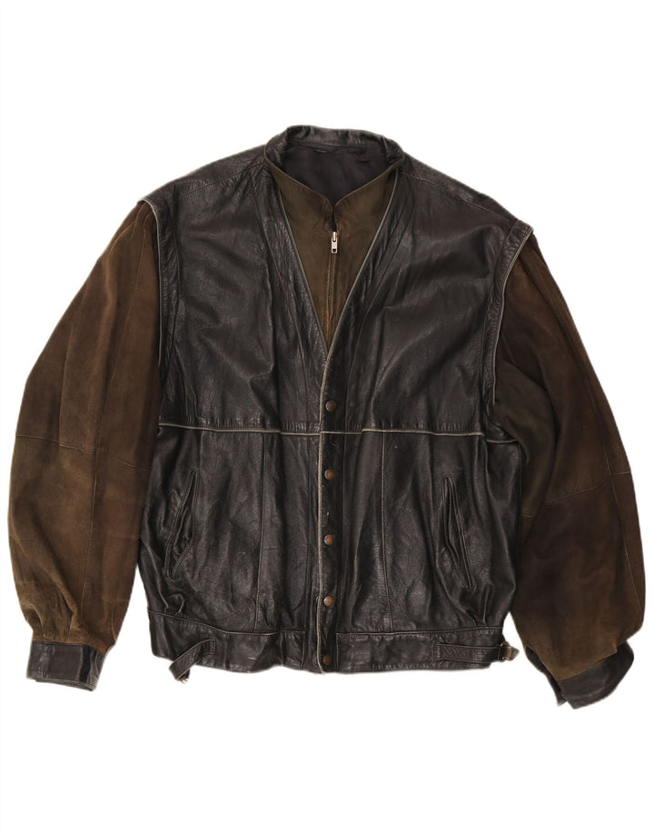 Vintage Herre Læderjakke IT 56 3XL Sort Colourblock Læder