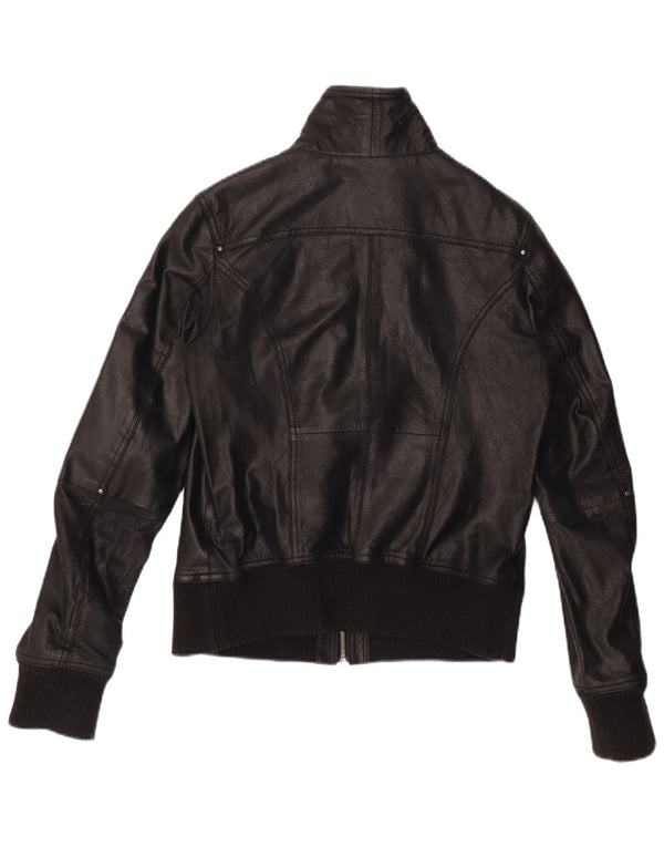 BERSHKA Womens Crop Læderjakke UK 14 Stor sort læder