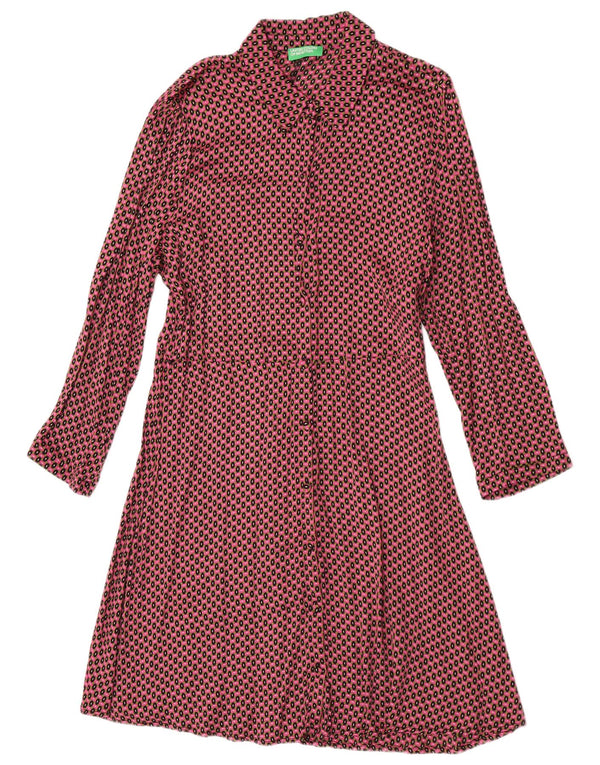 Benetton Dame Langærmet Skjortekjole UK 14 Large Red Geometric Viscose
