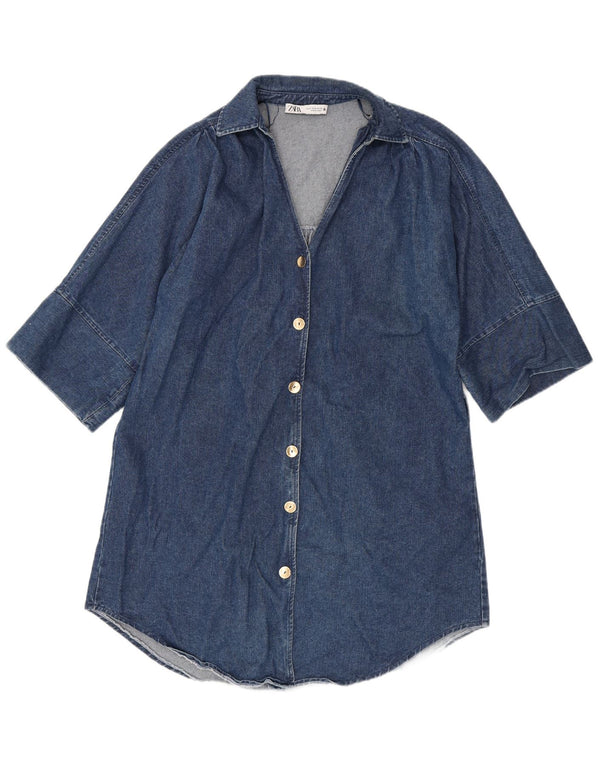 Zara Dame Denim Shirt Dress UK 14 Medium Blue Cotton