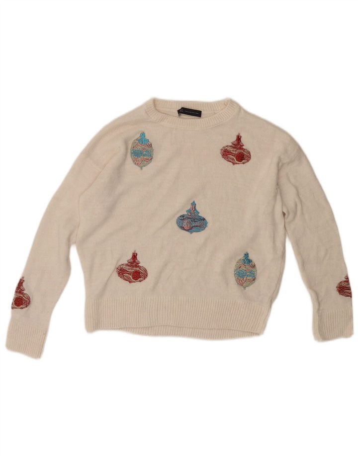 Marks & Spencer Dame Grafisk Boat Neck Jumper Sweater UK 10 Small White