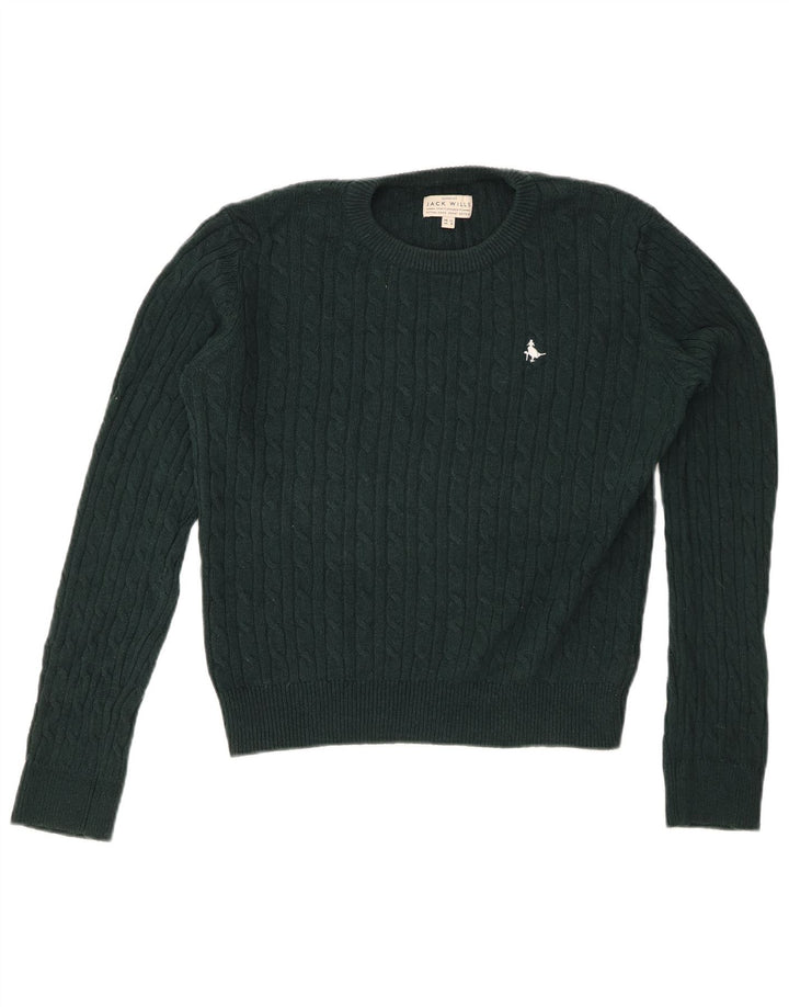 JACK WILLS Dame Crop Crew Neck Jumper Sweater UK 12 Medium Green Wool
