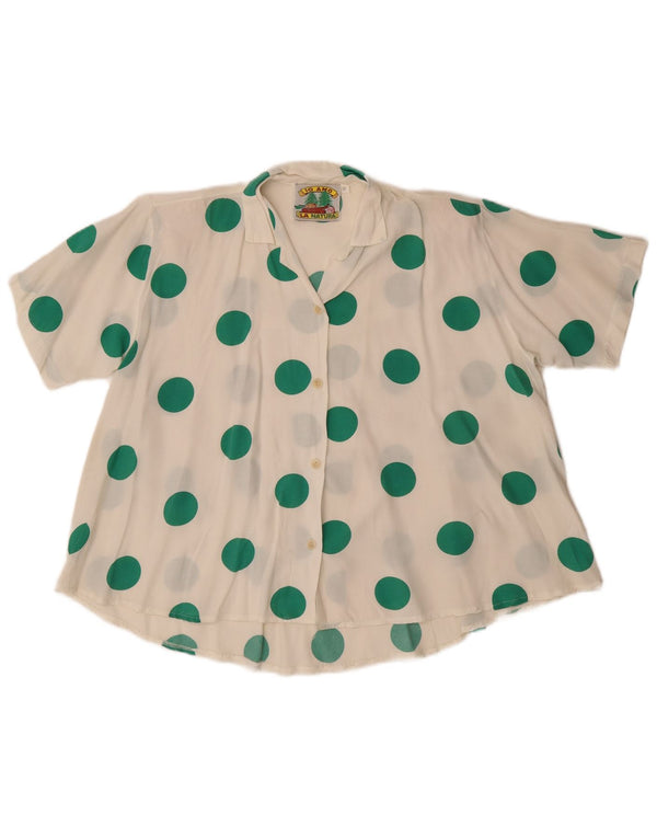 Vintage kvinders kortærmet skjortebluse US 12 Large White Polka Dot