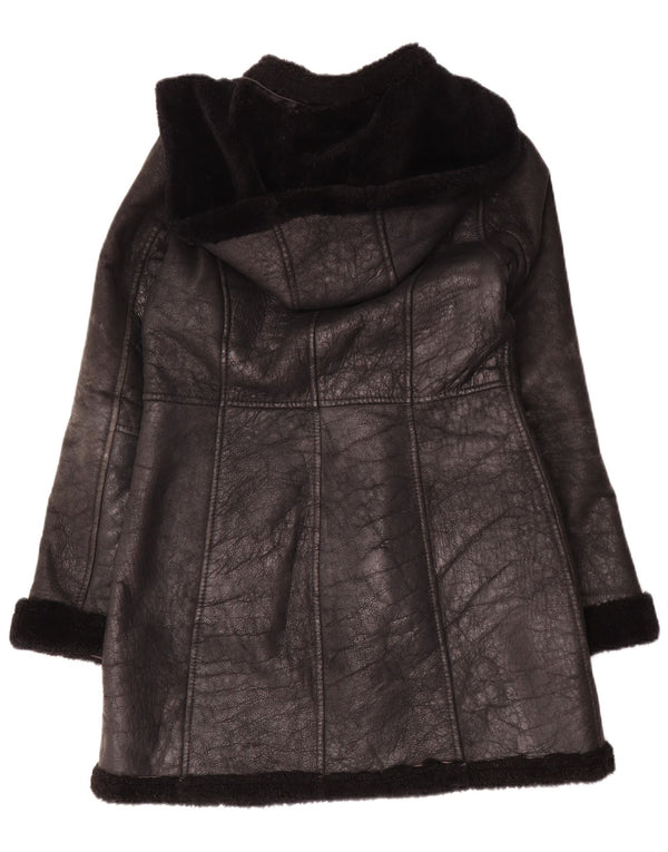 Vintage Dame Hooded Duffle Shearling Coat UK 10 Small Black Winter