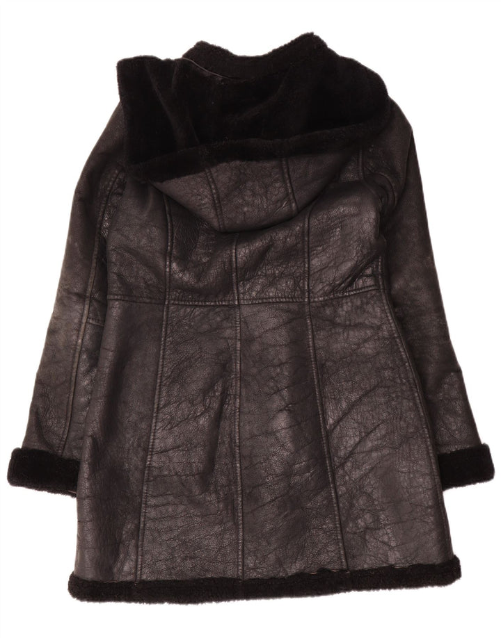 Vintage Dame Hooded Duffle Shearling Coat UK 10 Small Black Winter