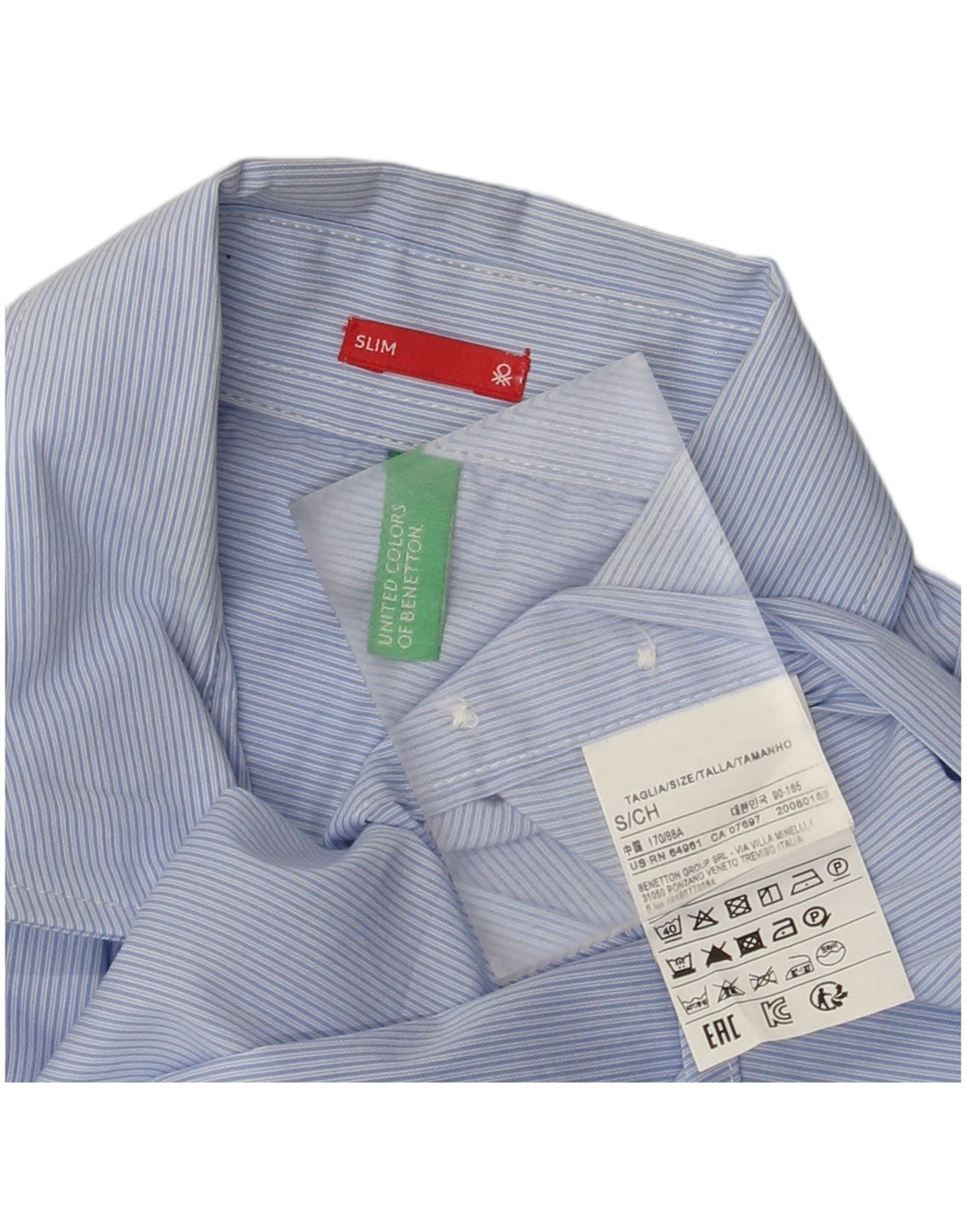 Benetton Herre Slim Shirt Lille Blå Nålestribet Bomuld