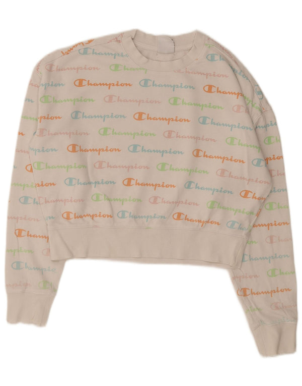 Champion Womens Graphic Crop Sweatshirt Jumper UK 14 Medium White
