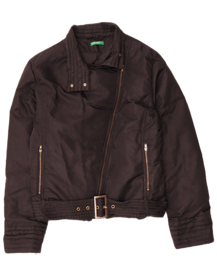 Benetton Womens Oversized Crop Polstret Biker Jacket UK 10 Small Black Nylon