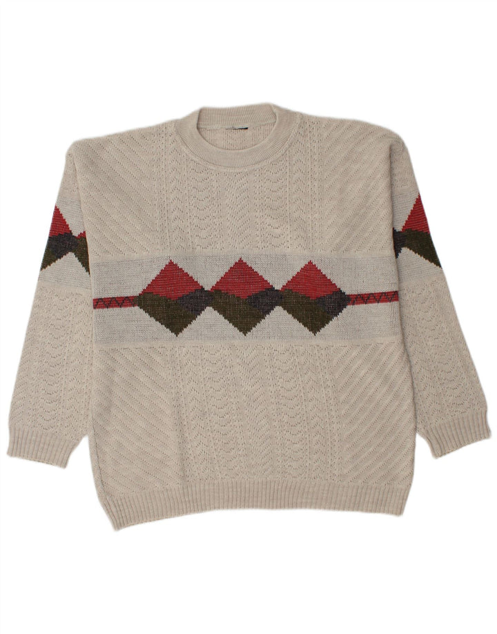 Vintage Herre Crew Neck Jumper Sweater Stor Beige Argyle/Diamond Akryl