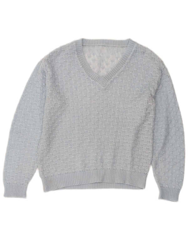 Vintage Dame V-hals sweater UK 14 Medium Blue