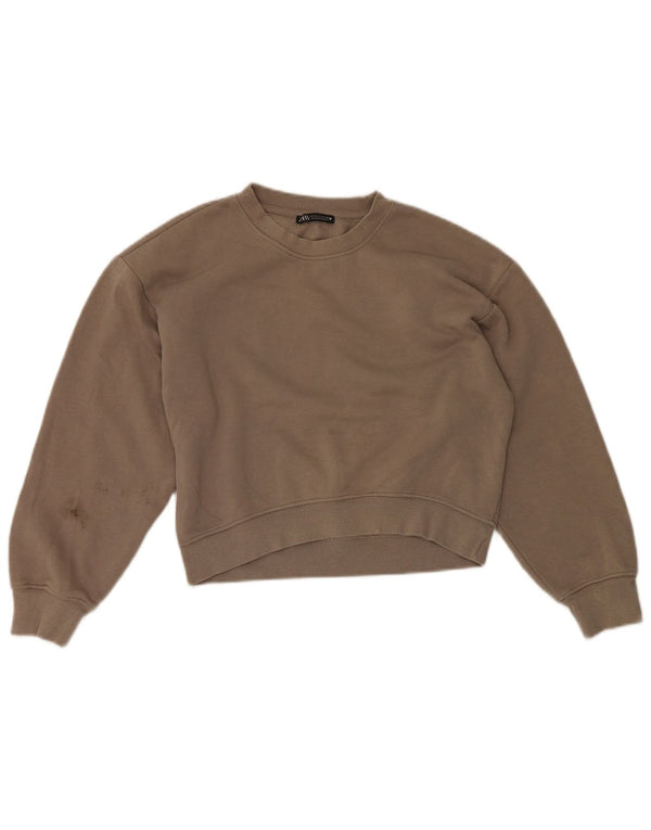 Zara Womens Crop Relaxed Fit Sweatshirt Jumper UK 8 Lille brun bomuld