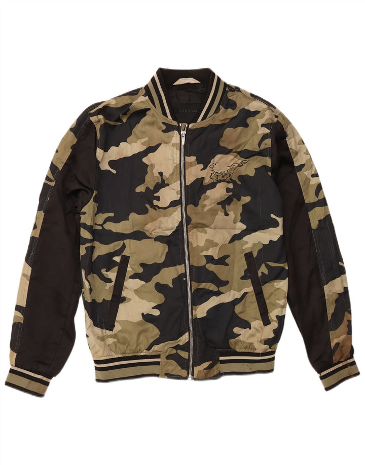 Zara Herre Graphic Bomber Jacket UK 38 Medium Khaki Camouflage Polyester