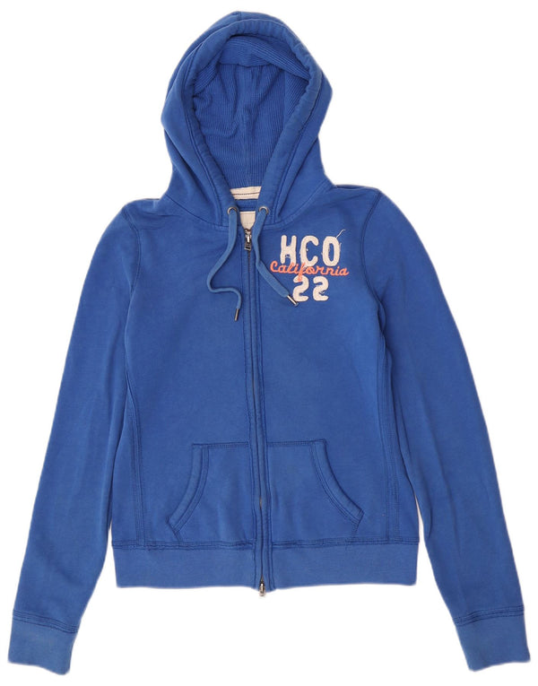 Hollister Womens Graphic Zip Hoodie Sweater UK 12 Medium Blue Cotton