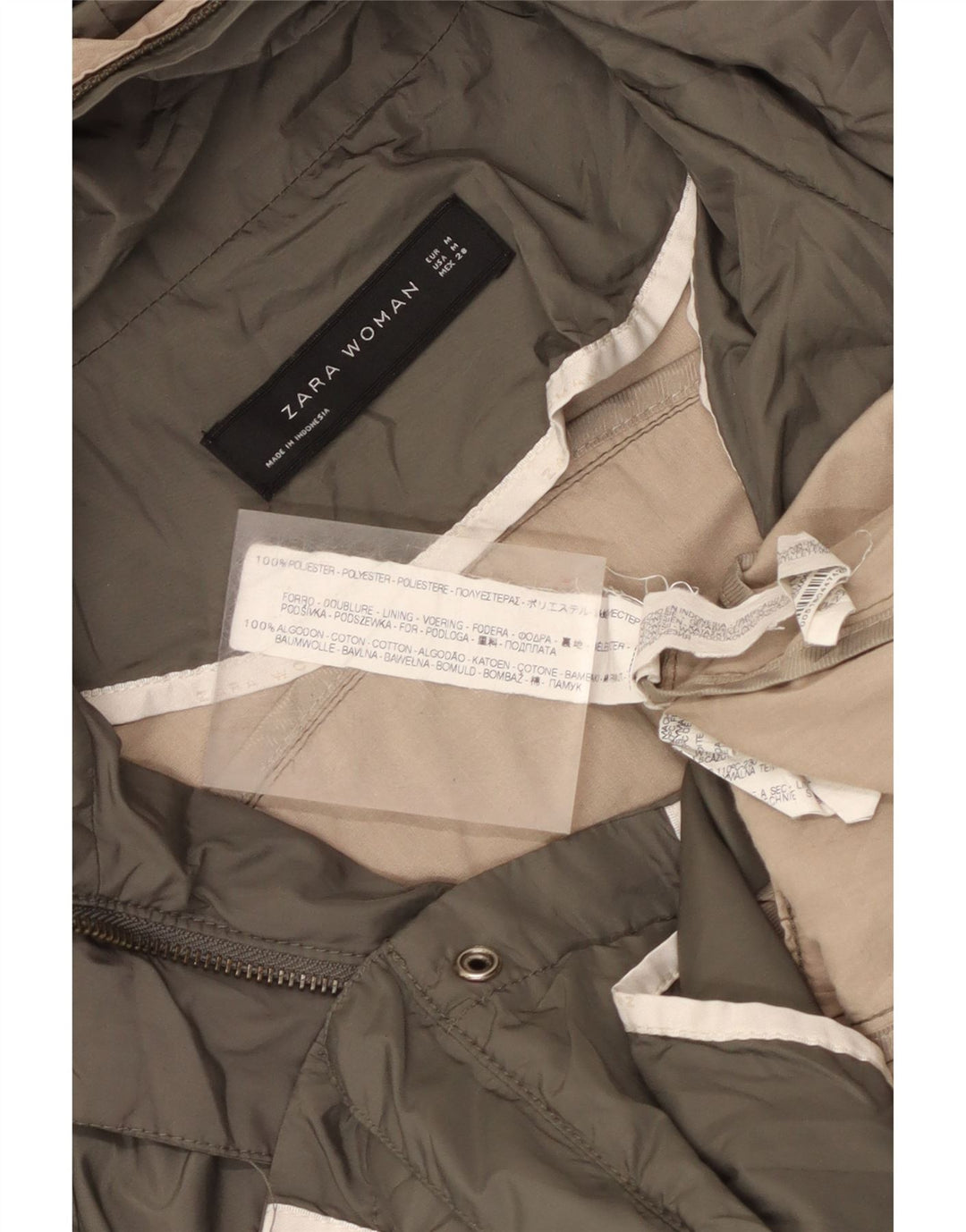 Zara Dame Hooded Utility Jacket UK 12 Medium Khaki Polyester
