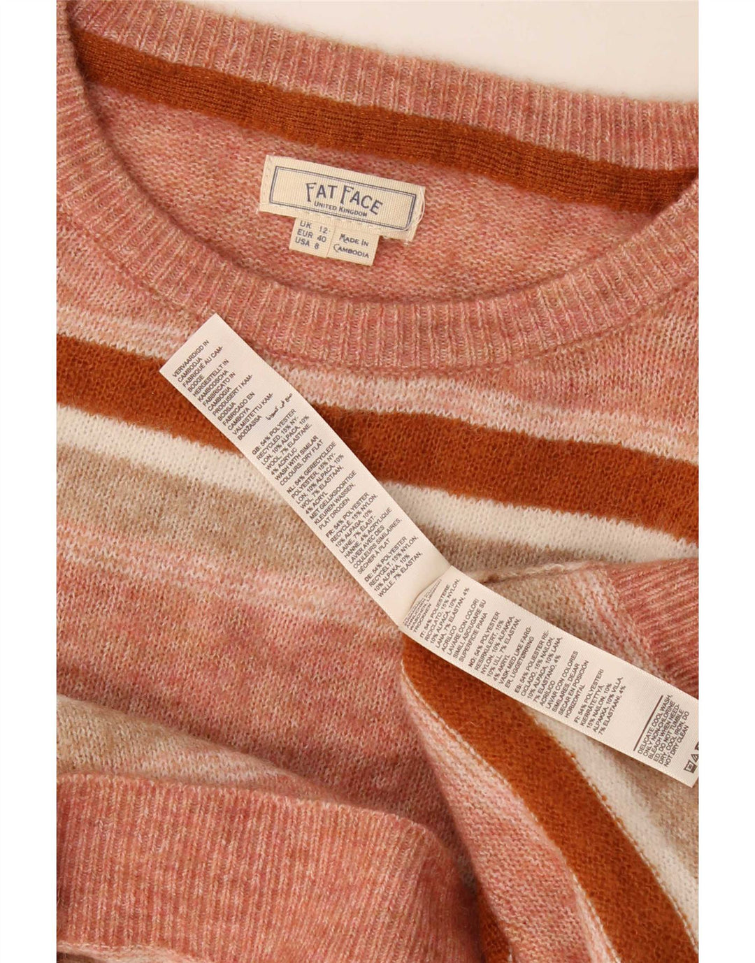 Fat Face Dame Boat Neck Jumper Sweater UK 12 Medium Pink Striped