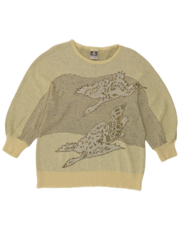 Freya Dame Grafisk Boat Neck Jumper Sweater UK 14 Medium Gul