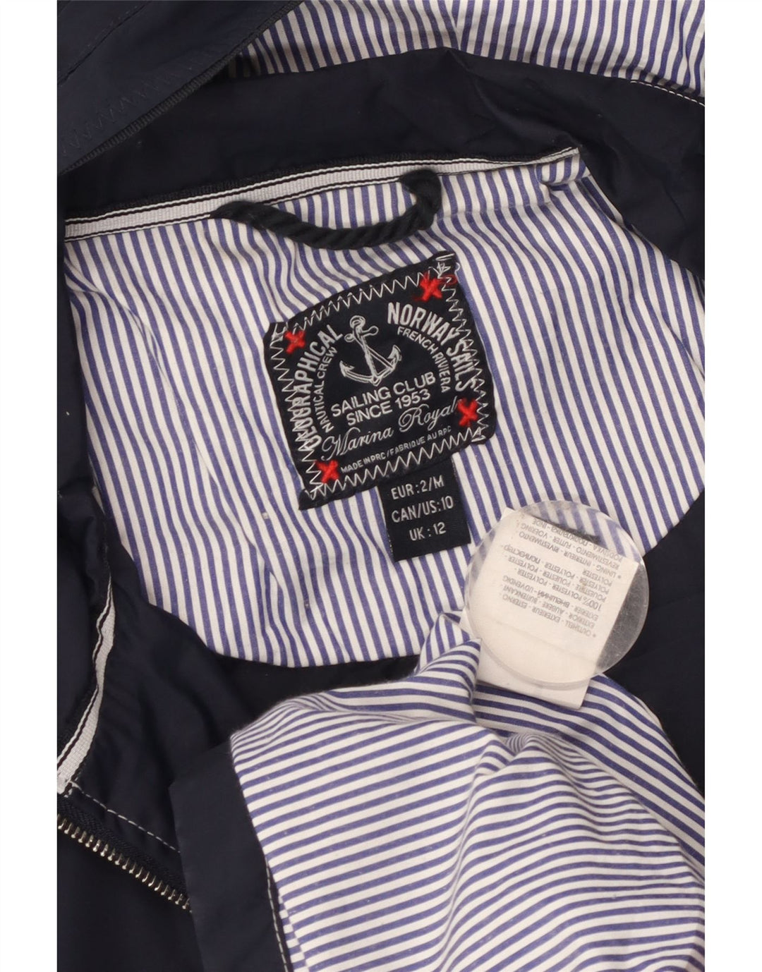 Vintage kvinders grafisk regnjakke med hætte UK 12 Mellem marineblå polyester