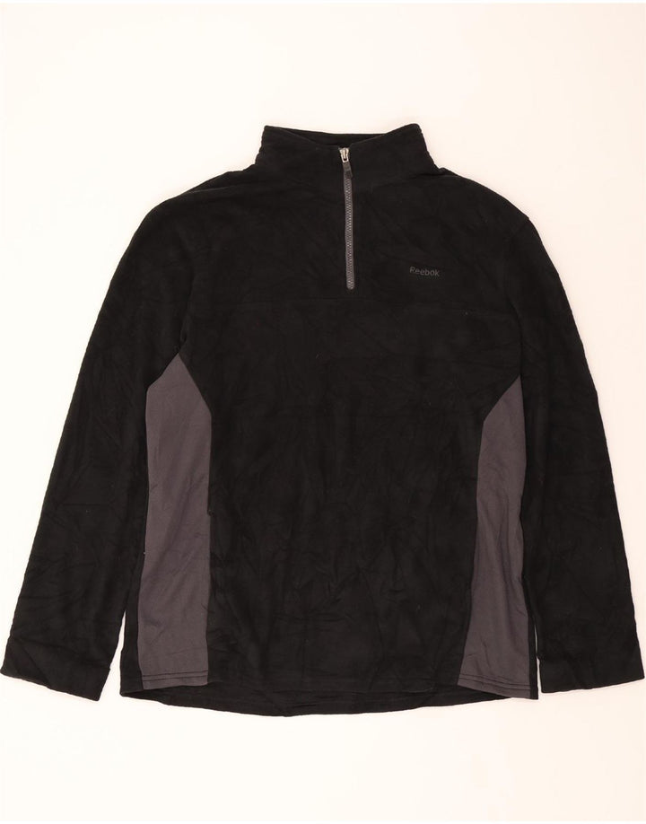 REEBOK Mens Zip Neck Fleece Jumper Large Black Colourblock Polyester Vintage Reebok and Second-Hand Reebok from Messina Hembry 