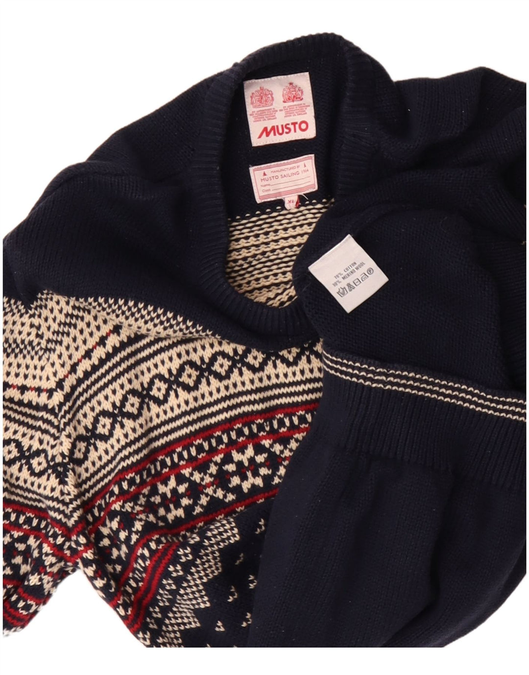 Musto Herre Boat Neck Jumper Sweater XL Navy Blue Fair Isle Bomuld