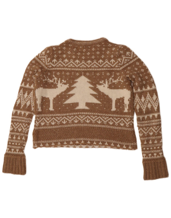 Zara Womens Crop Crew Neck Jumper Sweater UK 10 Small Brown Fair Isle Wool