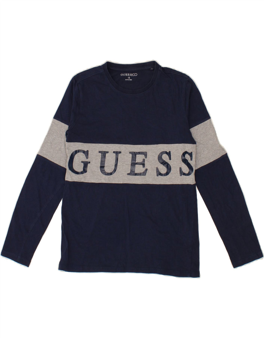GUESS Boys Graphic Top Long Sleeve 11-12 Years Navy Blue Colourblock Vintage Guess and Second-Hand Guess from Messina Hembry 
