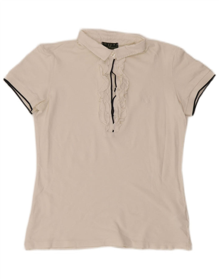 Fred Perry Dame Flæse Front Polo Shirt UK 10 Small White Bomuld