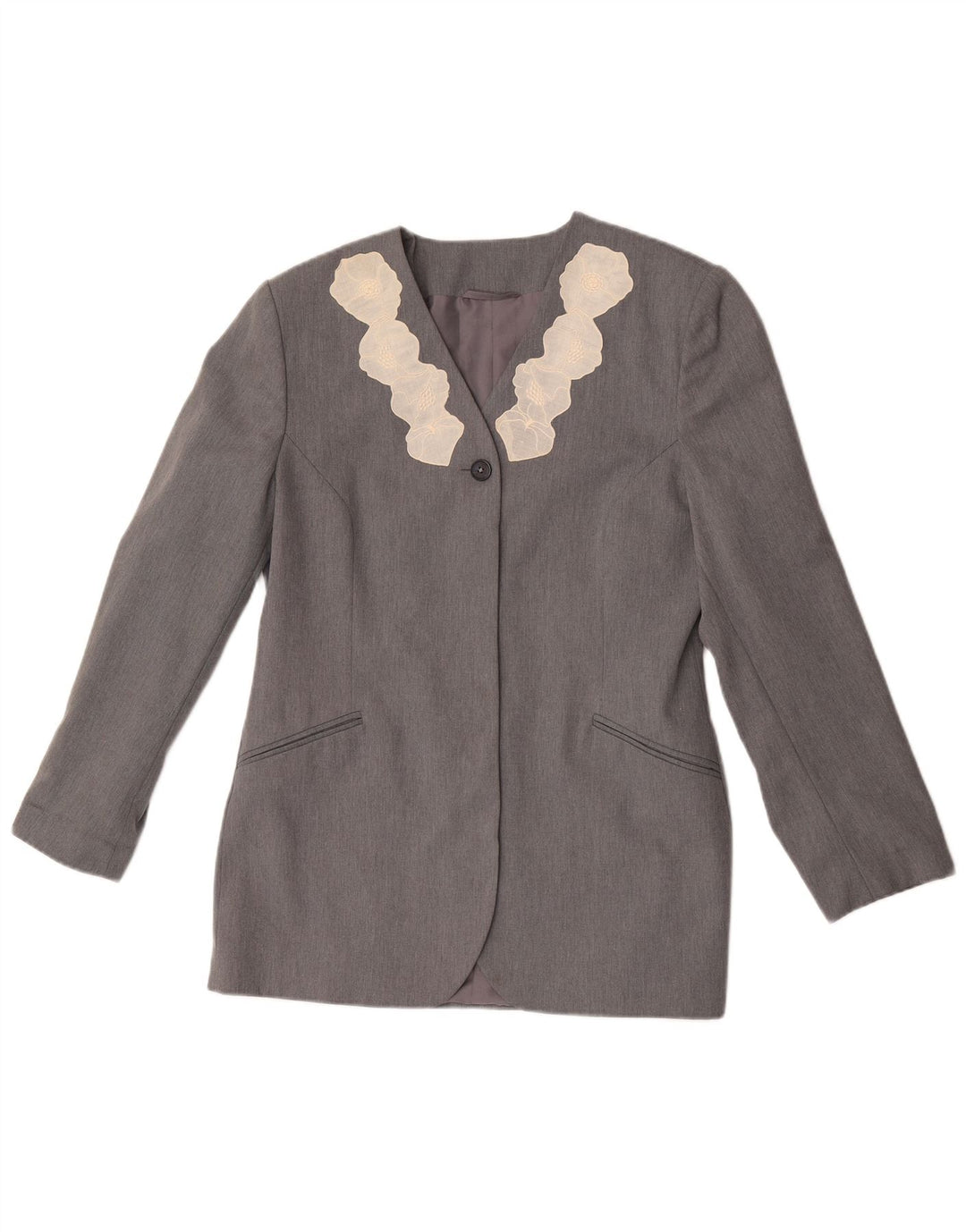 Vintage Dame 1 Knap Blazer Jacket UK 12 Medium Grey Floral Polyester