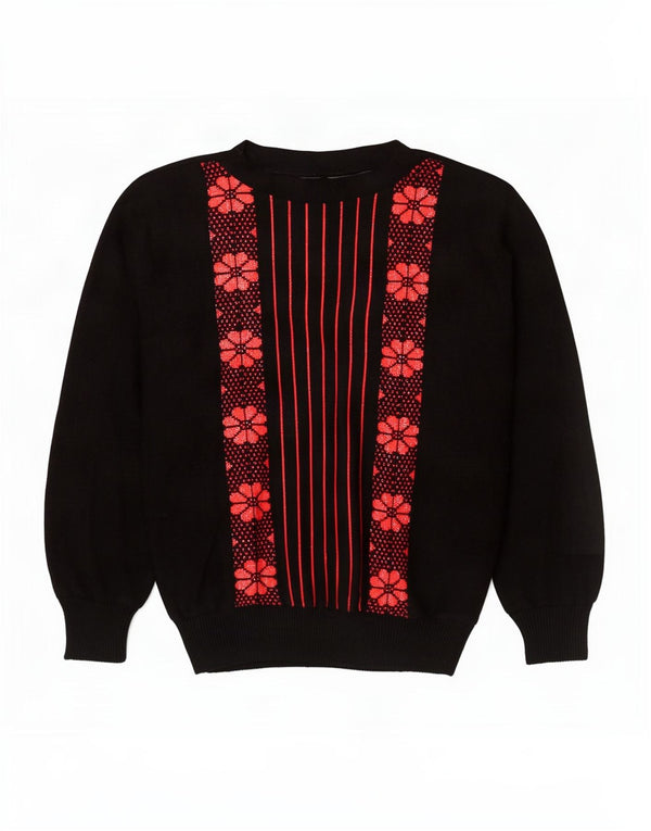 Vintage Kvinders Boat Neck Jumper Sweater UK 16 Large Black Floral