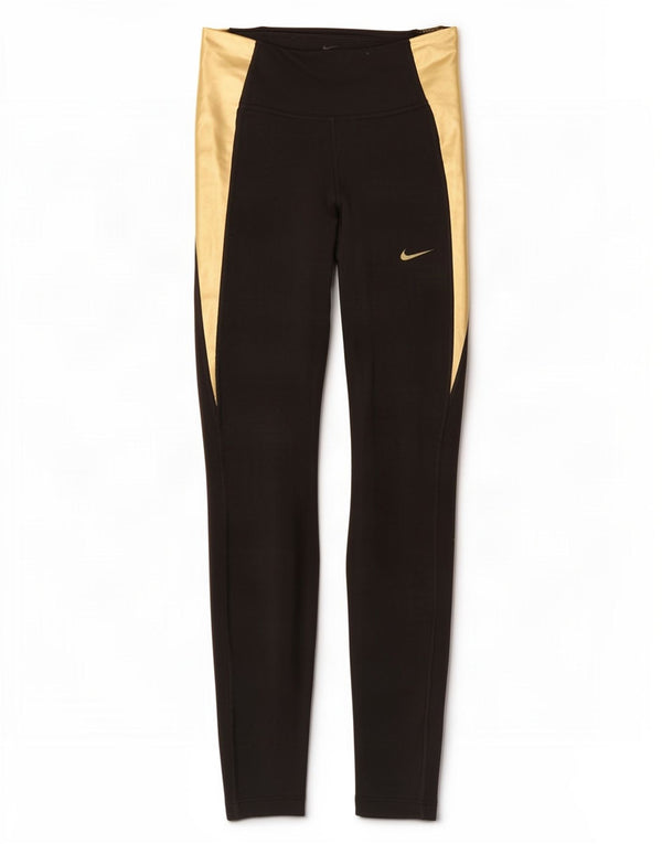 Nike Dame Dri Fit Leggings UK 4 XS Sort Colourblock Bomuld