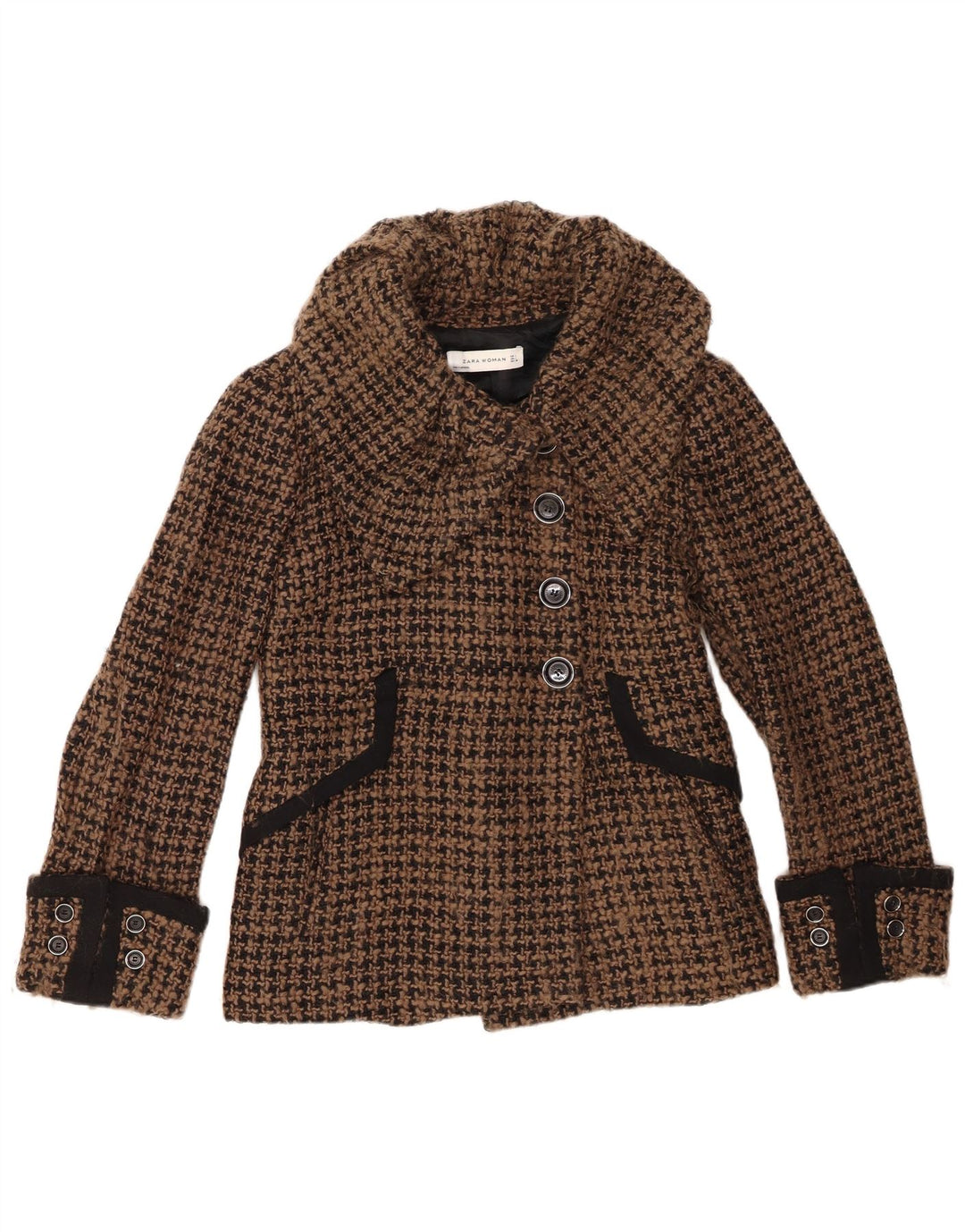 Zara Dame 4-knaps blazerjakke UK 16 Large Brown Houndstooth Uld