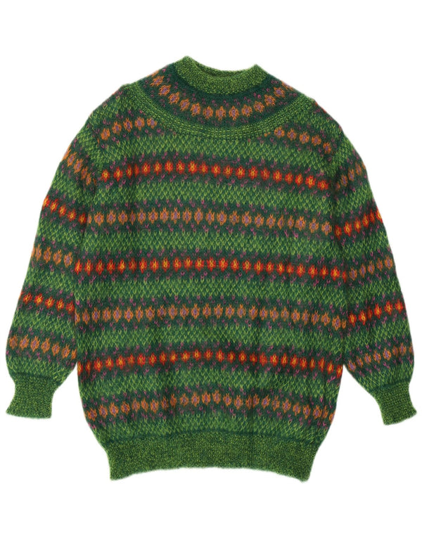 Benetton Dame Turtle Neck Jumper Sweater UK 14 Medium Green Fair Isle