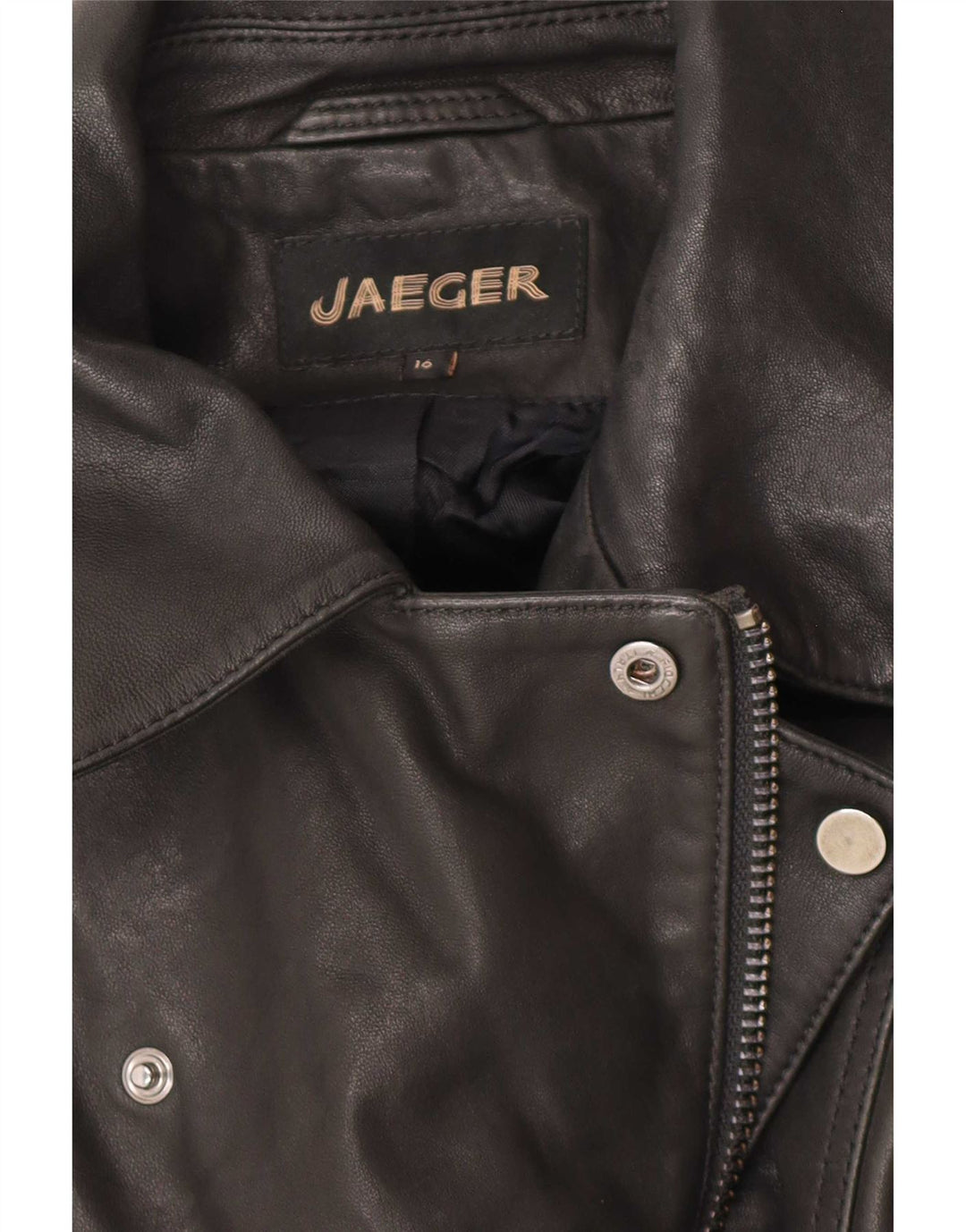 Jaeger Dame Læder Biker Jacket UK 16 Stor Sort Læder