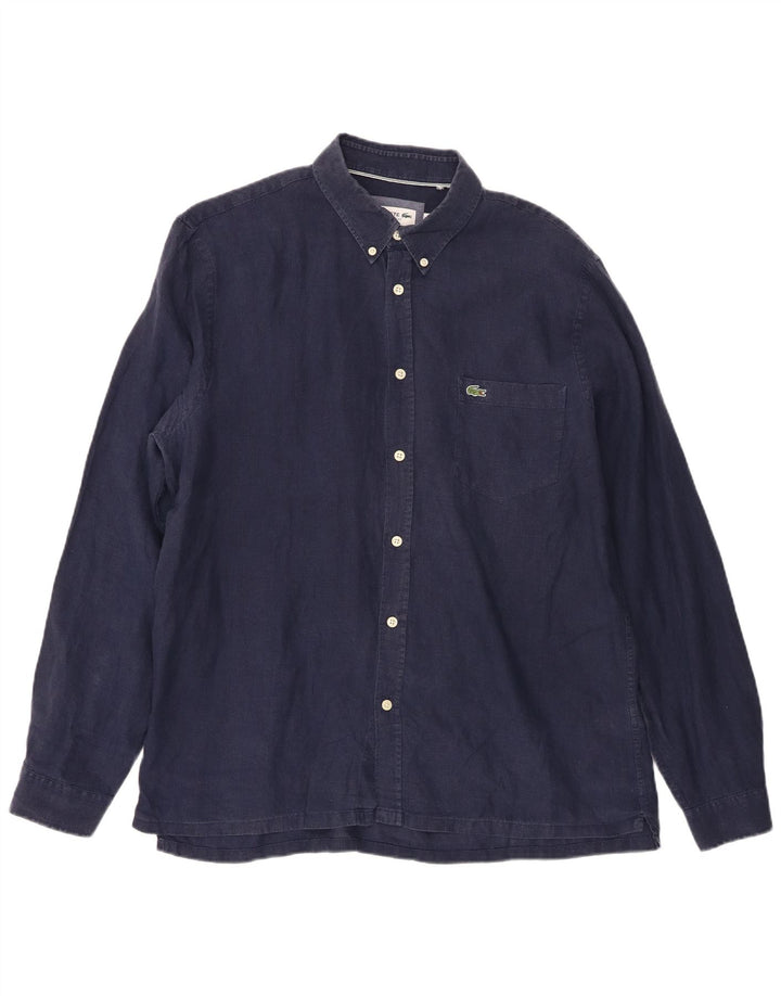 LACOSTE Herre Regular Fit skjorte str. 43 Large Navy Blue Linen