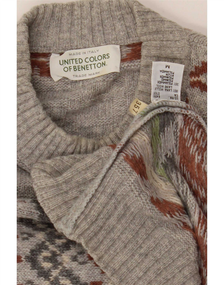 Benetton Herre sweater med rund hals, mellemgrå Fair Isle Wool