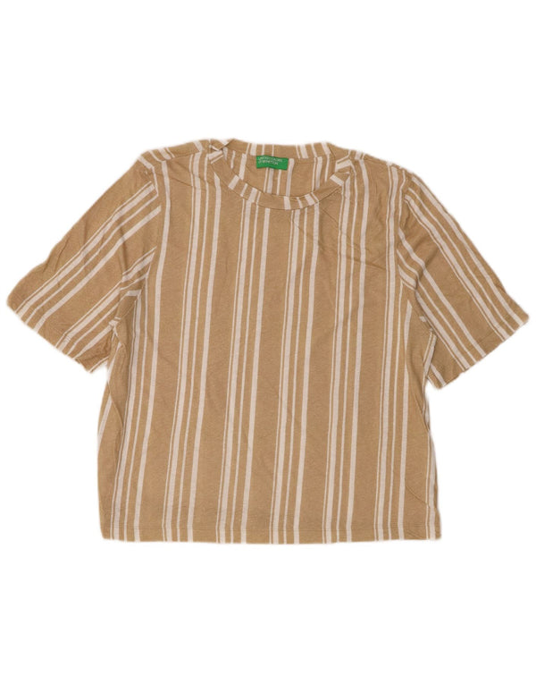 Benetton Womens Crop T-Shirt Top UK 14 Medium Beige Stribet Bomuld