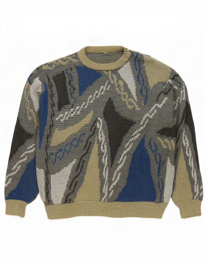 Vintage herre abstrakt mønster rund hals sweater stor flerfarvet